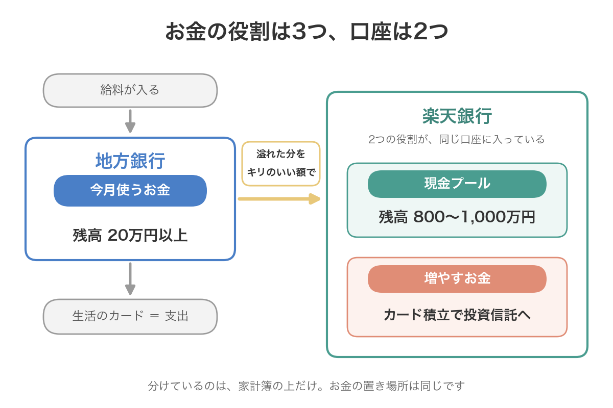 お金の役割は3つ、口座は2つ。給料は地方銀行(今月使うお金・残高20万円以上)に入り、生活のカードが支出として出ていく。溢れた分をキリのいい額で楽天銀行へ移す。楽天銀行には現金プール(残高800〜1,000万円)と増やすお金(カード積立で投資信託へ)が同じ口座に入っている
