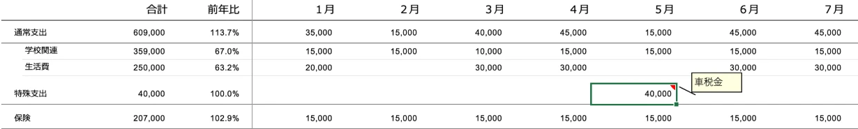 サンプルの通常支出・特殊支出・保険の行。5月の特殊支出40,000円のセルに「車税金」というメモが付いている
