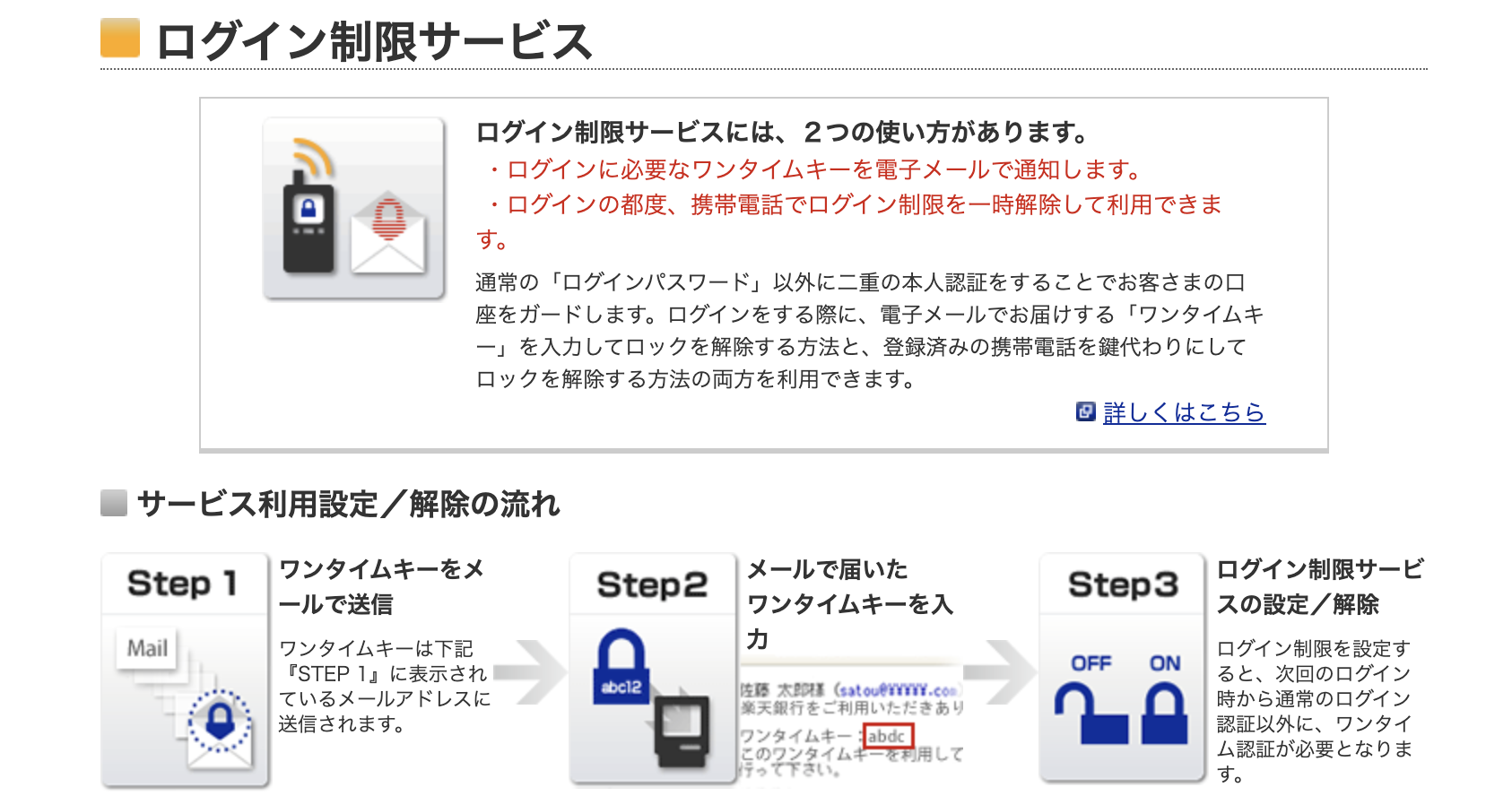 楽天銀行のログイン制限サービスの説明画面。ログインに必要なワンタイムキーを電子メールで通知する方法と、携帯電話でログイン制限を一時解除する方法がある
